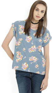 People Casual Short Sleeve Printed Women Blue Top