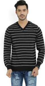 Allen Solly Striped V-neck Casual Men's Black, Grey Sweater