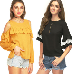Raabta Fashion Casual Bell Sleeve Solid Women Black Top