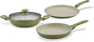 Alda Marble Green Non Stick Cookware Gift Set - 4 Piece (1 Wok Pan, 1 Glass Lid, 1 Fry Pan, 1 Crepe Pan) Induction Bottom Cookware Set