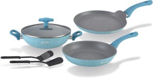Alda Marble Blue Non Stick Cookware Gift Set - 6 Piece (1 Wok Pan, 1 Glass Lid, 1 Fry Pan, 1 Dosa Tawa, 2 Spatula) Induction Bottom Cookware Set