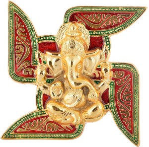 houzzplus wall hanging of lord ganesha on swastik with god ganesh idol decorative wall mask | wall hanging decorative showpiece  -  18 cm(aluminium, red, gold)