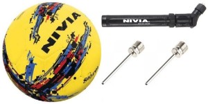 nivia combo of three, one storm (yellow) football, one double action air inflation pump and 2 needles. football - size: 5(pack of 1, multicolor)