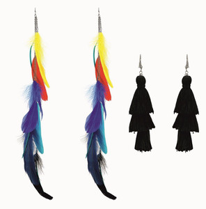 NAWAB Boho Gypsy Long Feather and Black Tassel Earring Combo of two for girls and women Alloy Tassel Earring