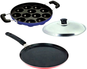 Lavelle Kitchen 4mm Mercury Non-Induction Non-Stick Economy Dosa tawa & Blue 12 pit Appam Patra Tawa, Pan Set