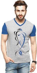 tripr graphic print men v-neck blue, grey t-shirt TGY-RBVND01GANESH