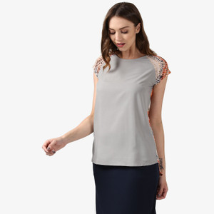 Ellemora Casual Short Sleeve Printed Women Grey Top