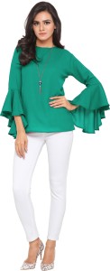 Serein Formal Bell Sleeve Solid Women Light Green Top