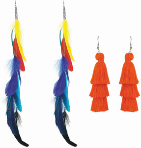 NAWAB Boho Gypsy Long Feather and ORANGE Tassel Earring Combo of two for girls and women Alloy Tassel Earring