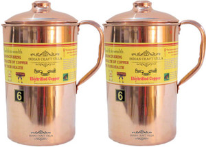 Indian Craft Villa Handmade 100% Pure Copper Set Of 2 Jug Pitcher Volume 2.1 Liter storage drinking Water Good Health Benefits Indian Yoga, Ayurveda Water Jug