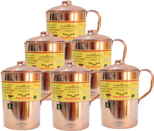 Indian Craft Villa Handmade 100% Pure Copper Set Of 6 Jug Pitcher Volume 2.1 Liter storage drinking Water Good Health Benefits Indian Yoga, Ayurveda Water Jug