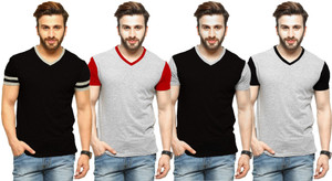 Tripr Solid Men V-neck Multicolor T-Shirt