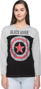 69GAL Striped Women Round Neck Grey T-Shirt