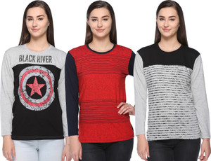 69GAL Striped Women Round Neck Multicolor T-Shirt