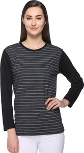 69GAL Striped Women Round Neck Black T-Shirt