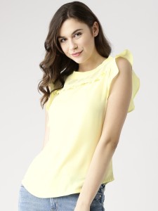 Marie Claire Casual Cap Sleeve Solid Women Yellow Top