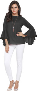 Serein Formal Bell Sleeve Solid Women Black Top