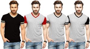 Tripr Solid Men V-neck Multicolor T-Shirt