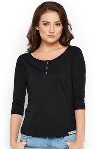 The Dry State Solid Women Henley Dark Blue T-Shirt