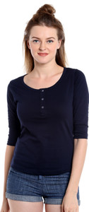 The Dry State Solid Women Henley Dark Blue T-Shirt