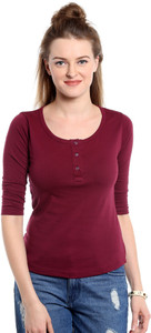 The Dry State Solid Women Henley Dark Blue T-Shirt