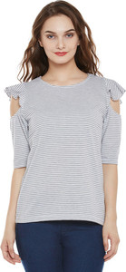 Miss Chase Casual Half Sleeve Striped Women's Grey, White Top