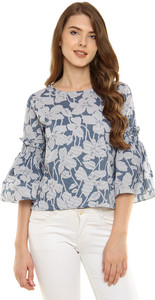 Miss Chase Casual 3/4th Sleeve Printed Women's Blue, White Top