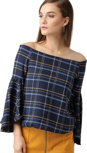 Marie Claire Casual Bell Sleeve Checkered Women Dark Blue Top