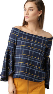 Marie Claire Casual Bell Sleeve Checkered Women Dark Blue Top