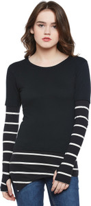Hypernation Striped Women Round Neck Black, White T-Shirt