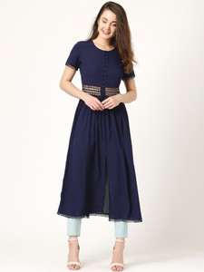 Marie Claire Casual Short Sleeve Solid Women Dark Blue Top
