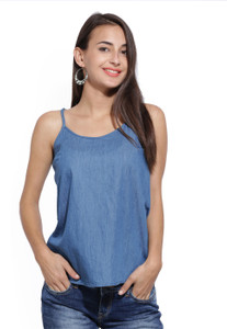 People Casual Sleeveless Solid Women Blue Top