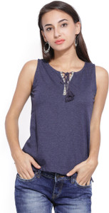 People Casual Sleeveless Solid Women Blue Top