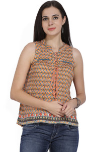 Global Desi Casual Sleeveless Printed Women's Orange Top