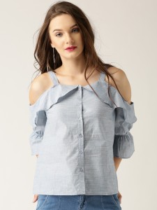 Marie Claire Casual Shoulder Strap Solid Women Blue Top