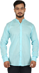 BASE 41 Men's Solid Casual Linen Light Blue Shirt