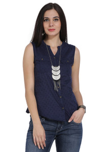 People Casual Sleeveless Self Design Women Blue Top