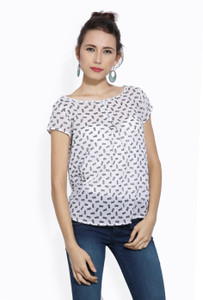 People Casual Cap Sleeve Printed Women White Top