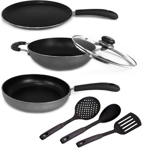KUMAKA Premium Quality Non-Stick 7 pcs Hammertone With Glass Lid & 3 Nylon Spoon Induction Bottom Cookware Set