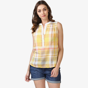 Ellemora Casual Sleeveless Checkered Women Yellow Top