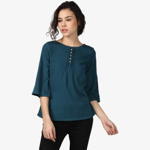 Ellemora Casual Bell Sleeve Solid Women Green Top