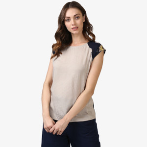 Ellemora Casual Short Sleeve Floral Print Women Beige Top