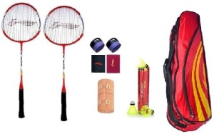 Li-Ning Combo of Nine, Two 'SMASH XP 709' Badminton Racquets, Two Wrist Bands, Two Badminton Grip , One Kitbag ,One Crepe bandge And One Turbo T800 (Pack of 6) Badminton Kit
