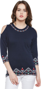 Hypernation Casual 3/4th Sleeve Embroidered Women's Dark Blue Top