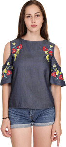 Jollify Casual Half Sleeve Solid Women's Blue Top