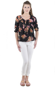 Absorbing Casual Half Sleeve Floral Print Women's Black Top