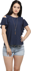 Serein Formal Short Sleeve Solid Women Blue Top