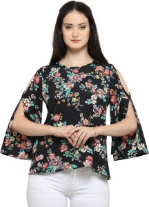 Serein Formal Bell Sleeve Floral Print Women Black Top
