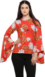 Serein Formal Bell Sleeve Floral Print Women Orange Top