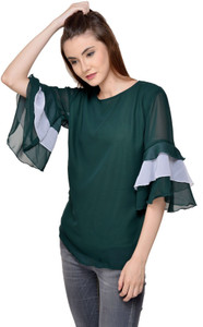 Raabta Fashion Casual Bell Sleeve Solid Women Dark Green Top